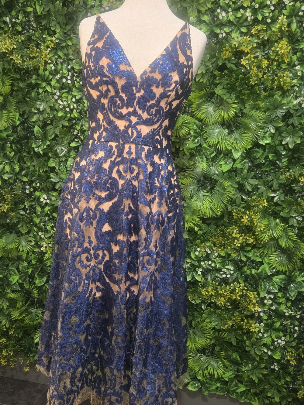 Dress the Population Navy Lace Overlay Midi Dress with Nude Underlay